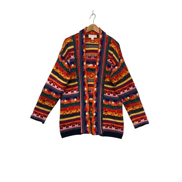 Leoniak Sweaters - Leoniak Vintage Style Multicolor Geometric Knit Open Front Cardigan Sweater S